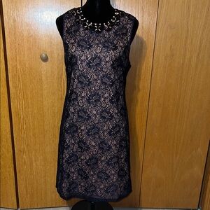 EUC Adrianna Papell lace & embellished sheath dress. Sz.8 navy over salmon pink.
